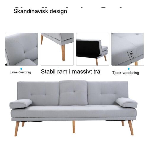 Ljusgrå 3-sits bäddsoffa i linne med justerbart ryggstöd och sidobord