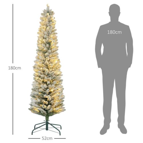 180 cm smal konstgjord julgran med 150 LED-lampor och snötäckta grenar