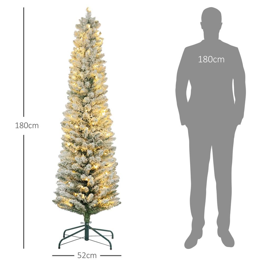 180 cm smal konstgjord julgran med 150 LED-lampor och snötäckta grenar