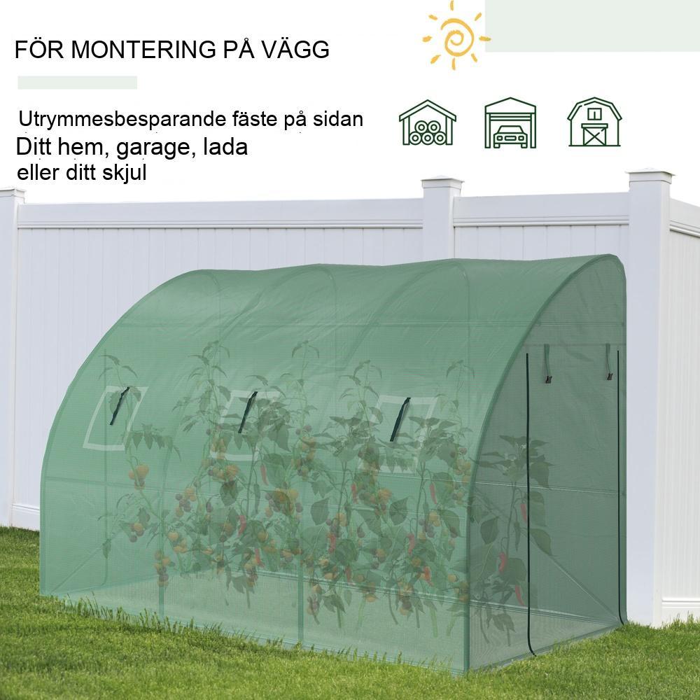 Green Lean-to Greenhouse 300x150cm, UV-skydd, rulldörrar och fönster