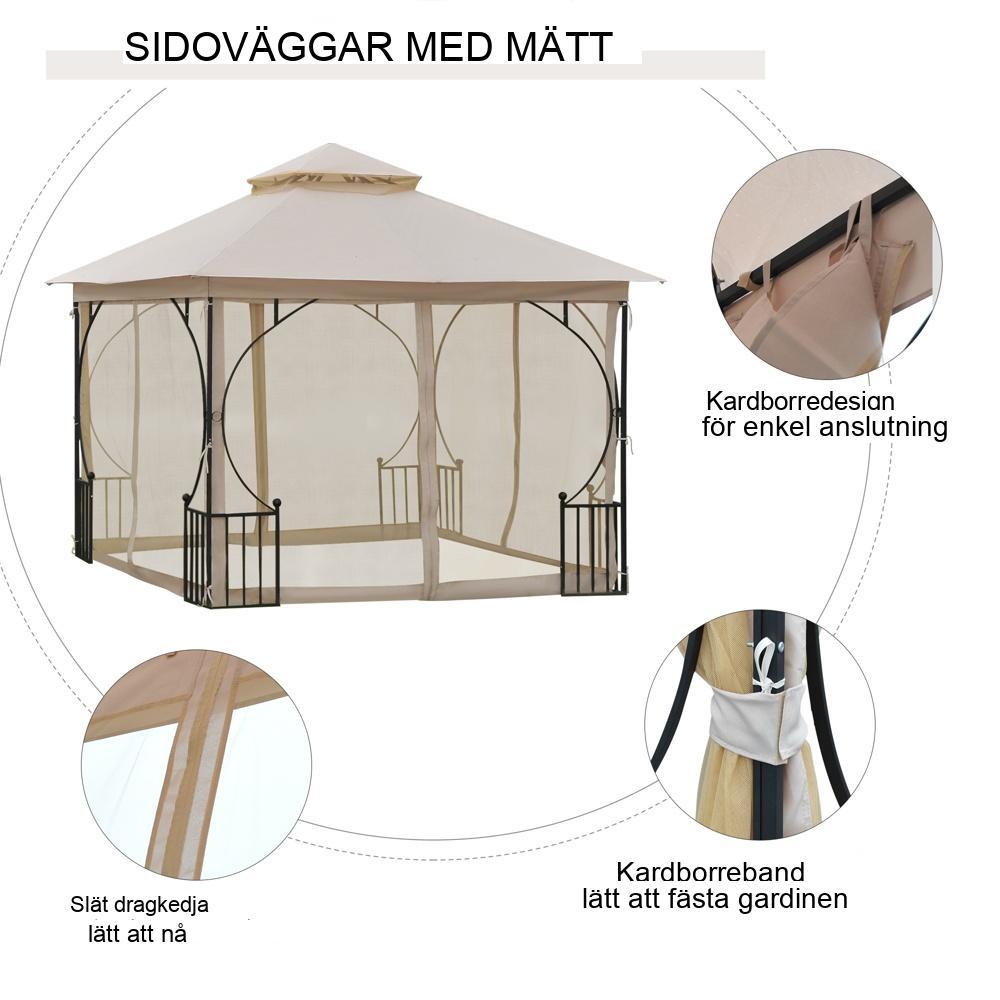 Snyggt beige och svart trädgårdslusthus med dubbelt tak och myggnät