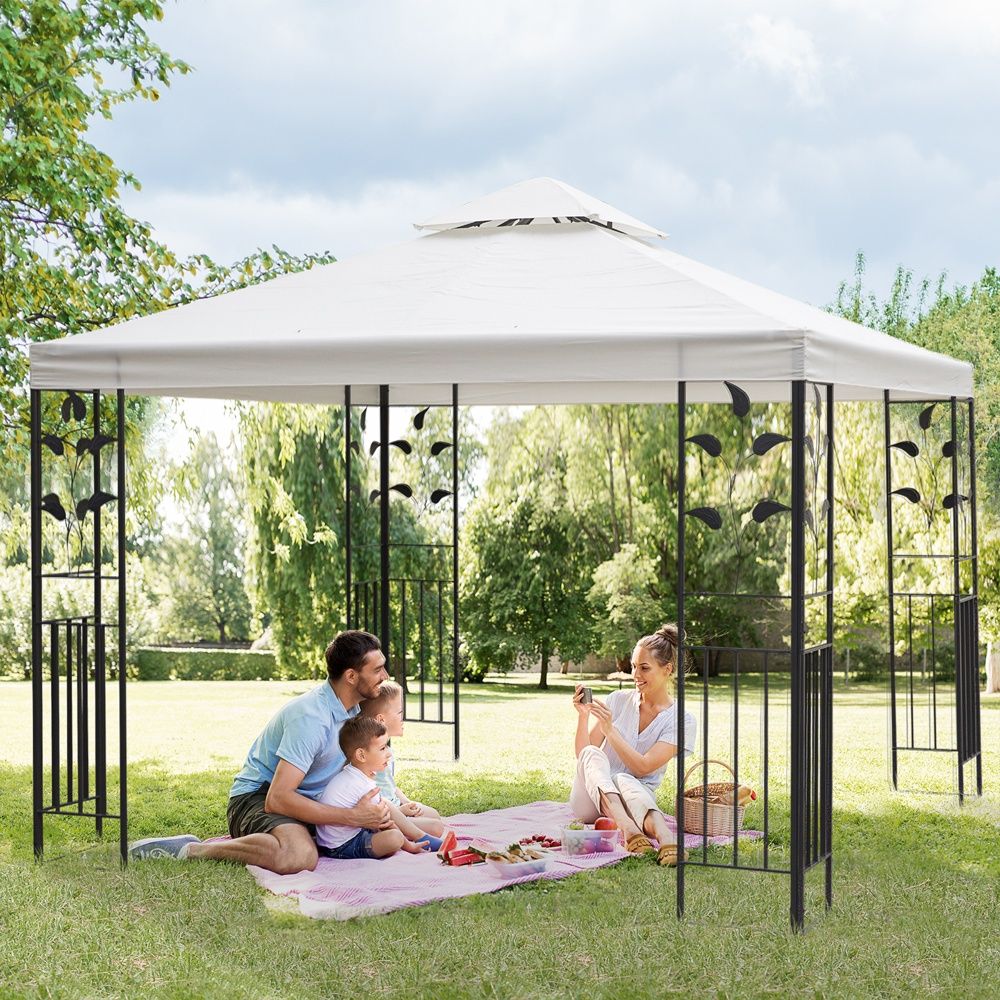 Elegant Leaf Design Steel Garden Gazebo, vattentätt uteplats partytält, 2,95×2,95m