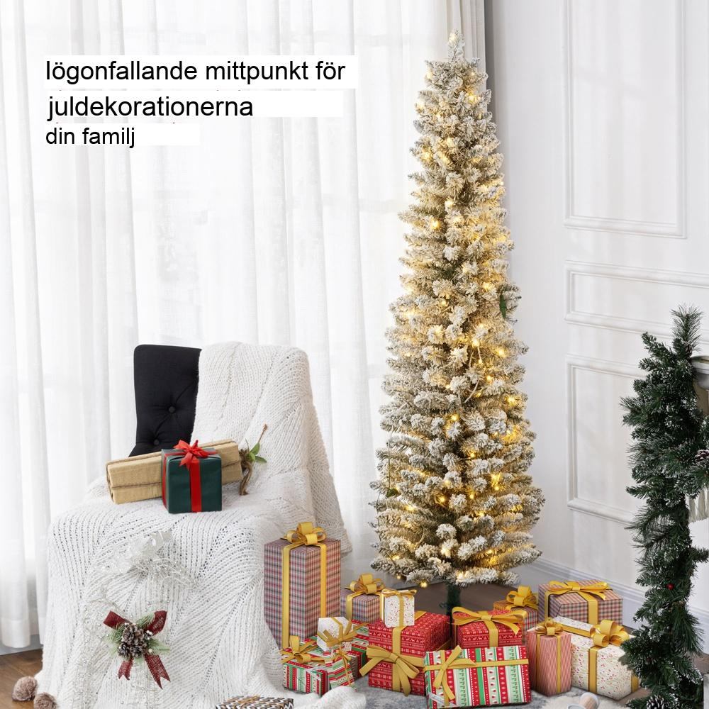 180 cm smal konstgjord julgran med 150 LED-lampor och snötäckta grenar