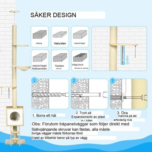 Hög kattskrapstolpe med hus, hängmatta och lekboll – ljusbrun/beige