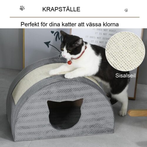 Mjuk plysch kattgrotta med skrapbräda, grå, för små katter