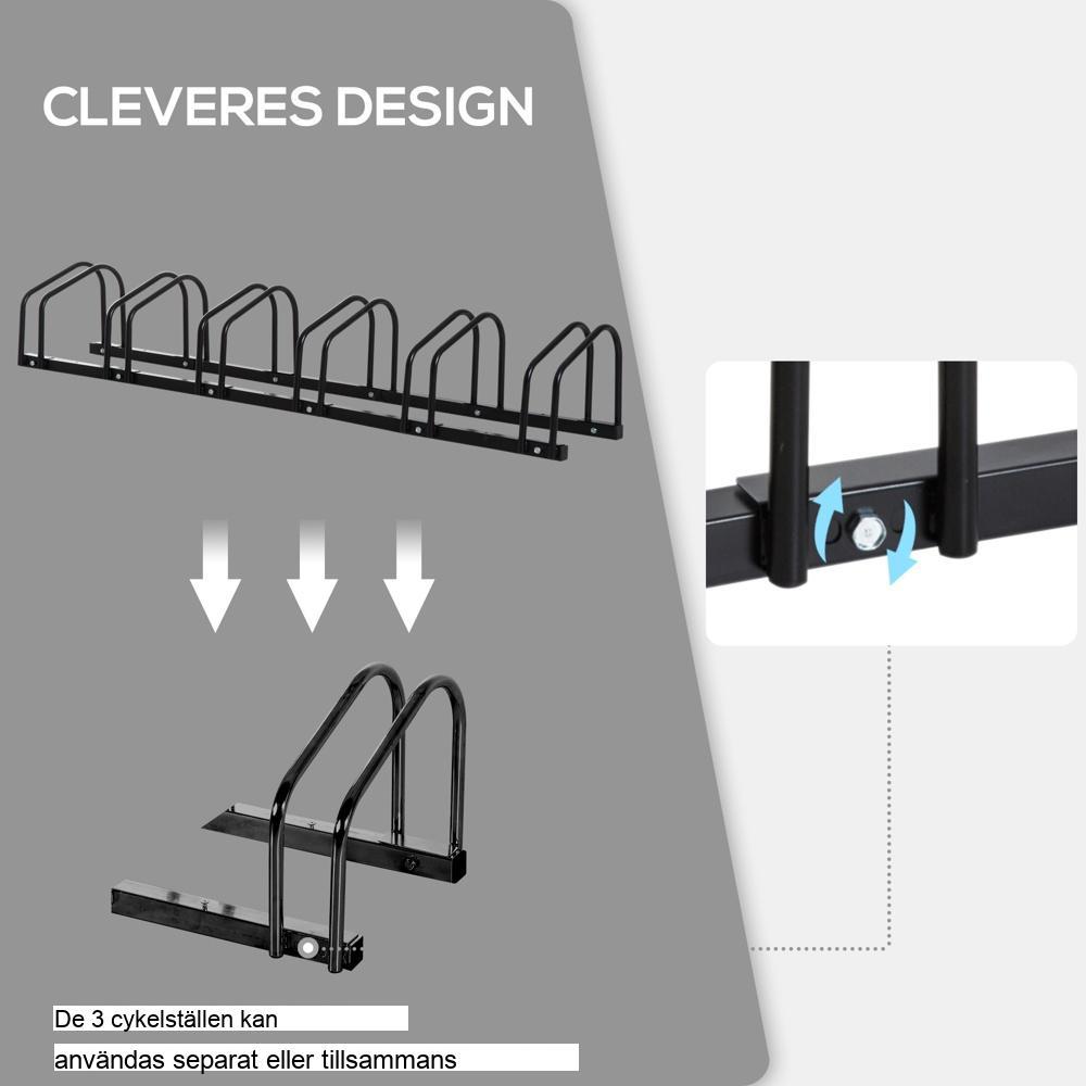 Slitstarkt cykelställ i stål, rymmer 6 cyklar, väderbeständigt, kan monteras på vägg och golv