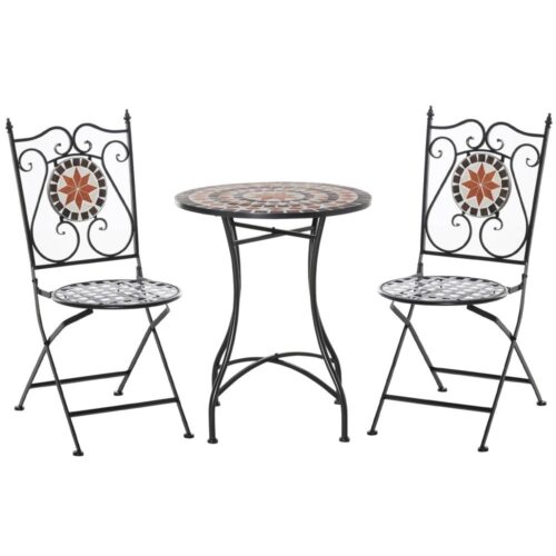 Mosaic Balcony Bistro Set för 2 med hopfällbara stolar och metallbord