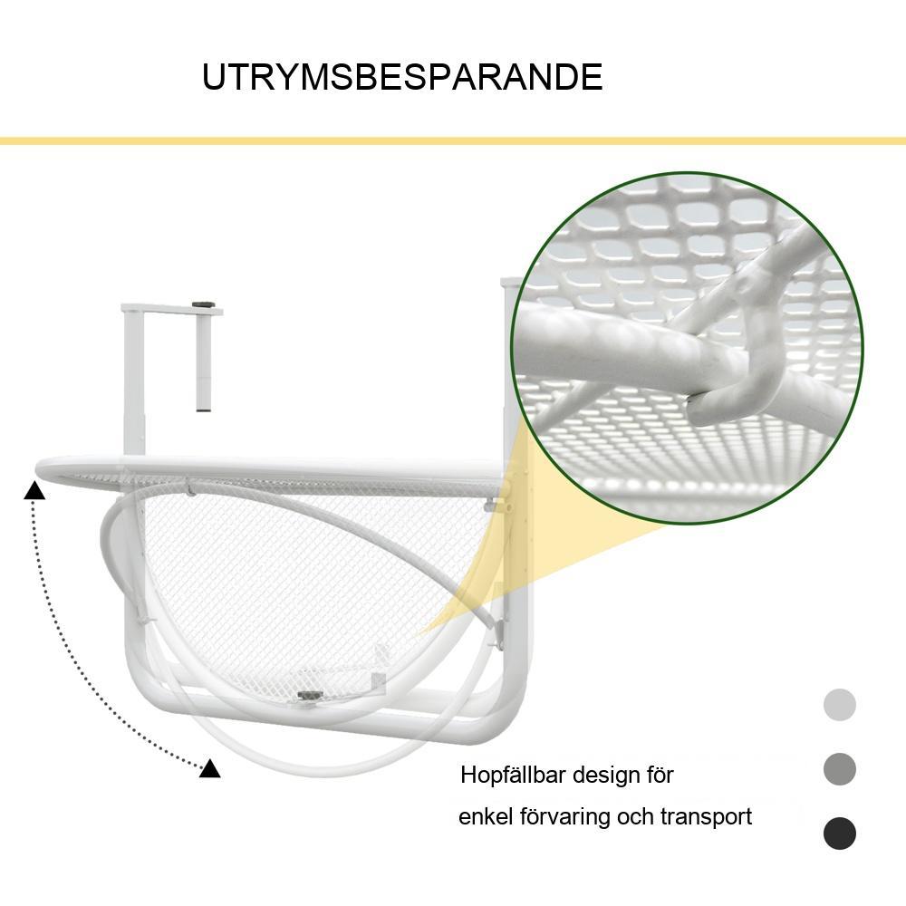 Justerbar Höjd Balkong Hängbord – Vit Metall – 30cm Ø