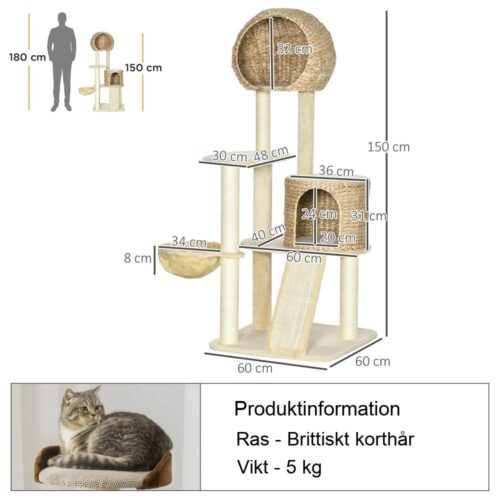 Beige kattskrapstolpe med rottinghus, hängmatta och ramp – upp till 5 kg