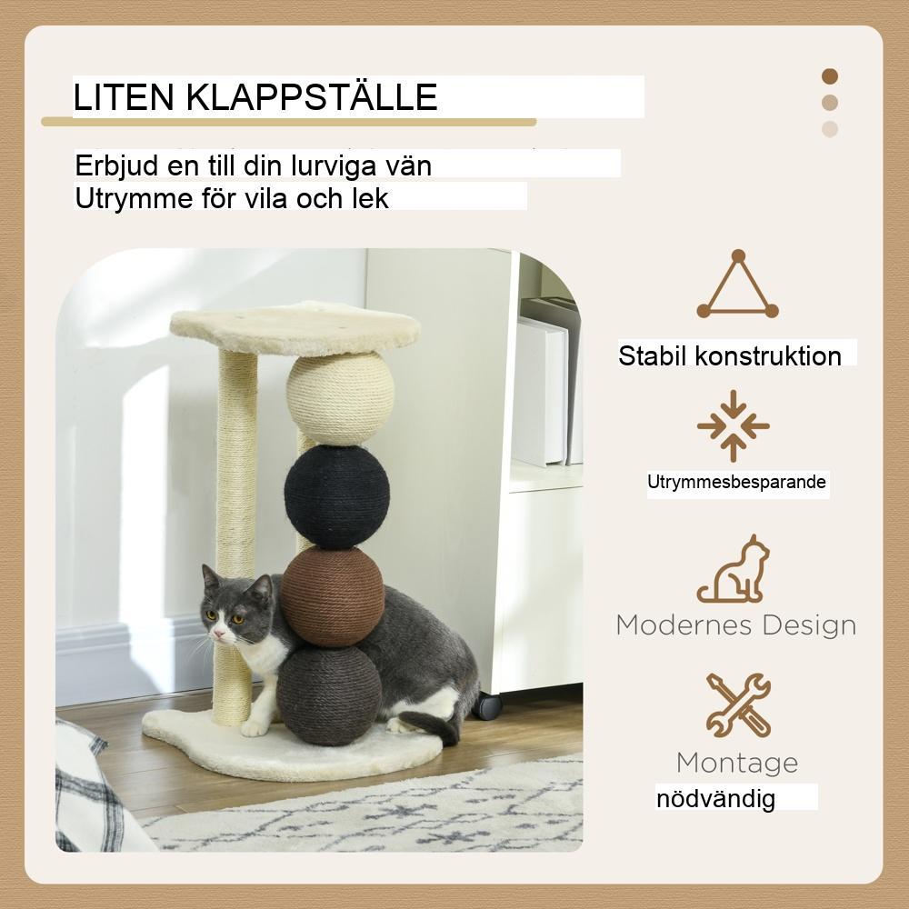 Slitstarkt beige kattträd med sisal-skrapstolpar och bollar (upp till 30 kg)