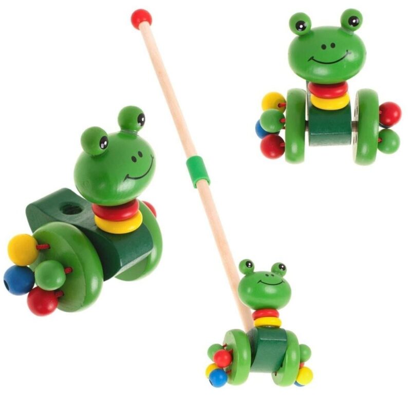 Walking Frog Träleksak med Push Stick – Skallra pärlor uppmuntrar bebisens första steg