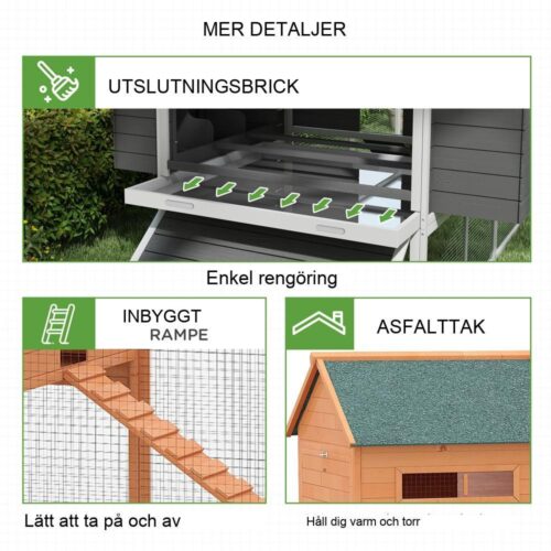 Rymligt hönshus i granträ i 2 plan med hönsboxar – rymmer 8-10 kycklingar