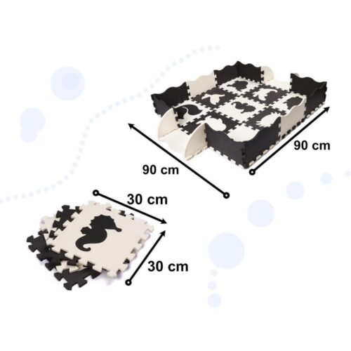 Vattentät skumpusselmatta med avtagbara djur för småbarn, svart och vitt