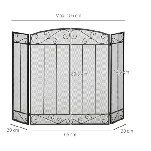 Vikbart 3-panels eldstadsskydd i stål, svart gnistskärm 105×80,5 cm