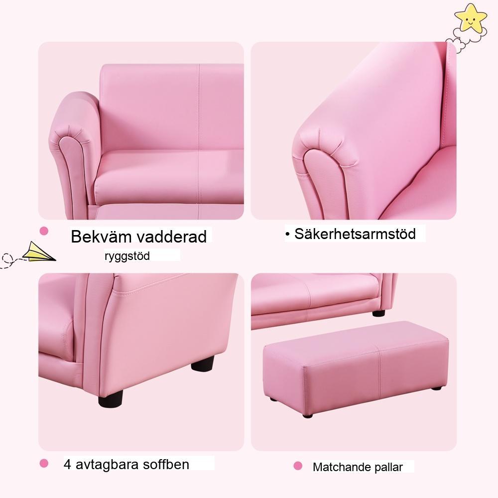 Rosa barnsoffa och pallset, modern barnsoffa med fotstöd