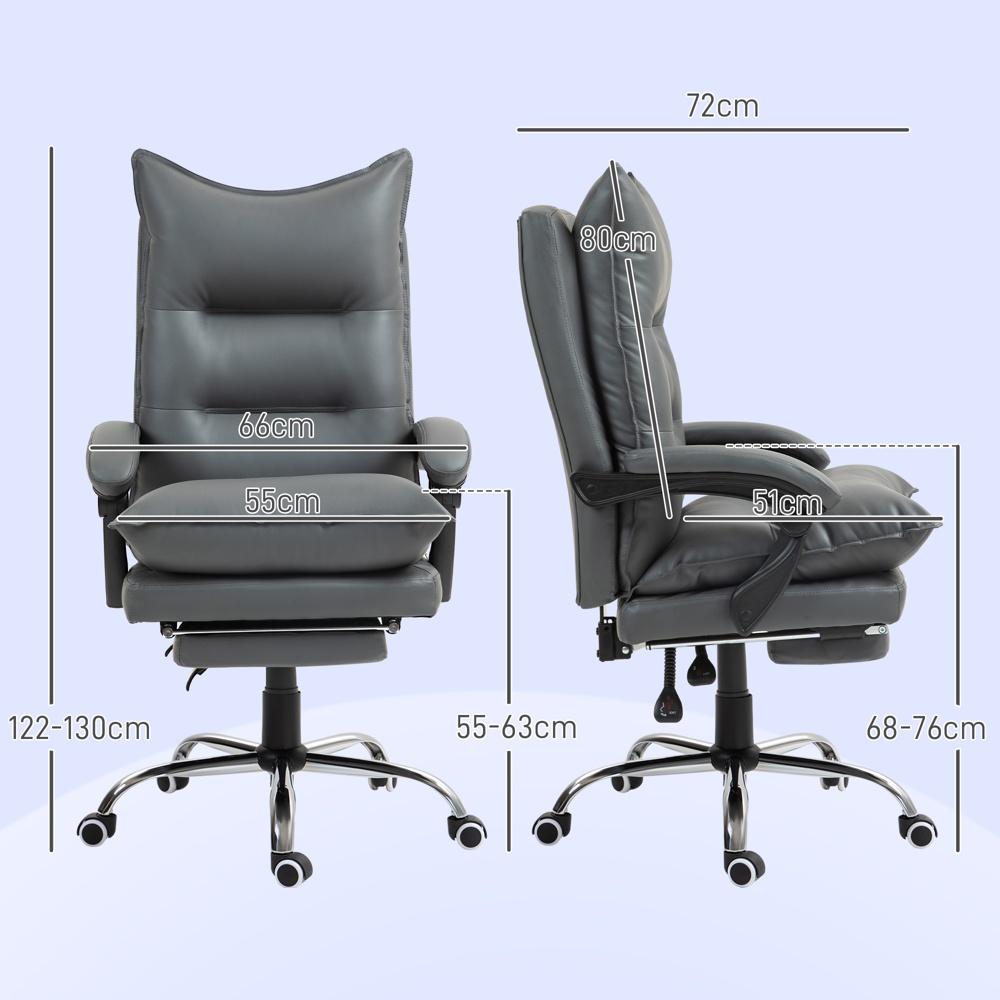 Ergonomisk liggande kontorsstol med fotstöd, justerbar höjd och mörkgrå klädsel