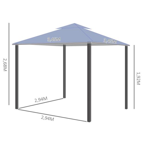 Paviljong Festtält Dubbeltak 3,45 m x 3,45 m – Vattentät och UV-beständig grå metall Gazebo för trädgårdsfester