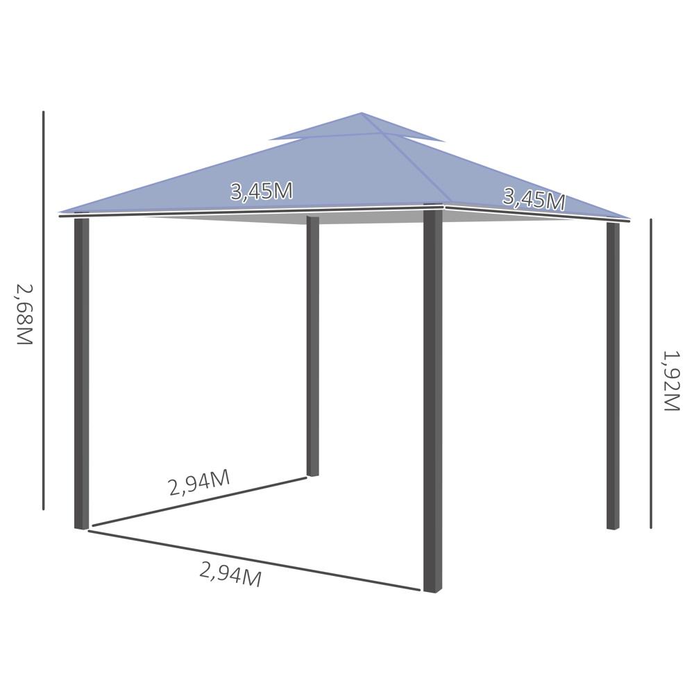 Paviljong Festtält Dubbeltak 3,45 m x 3,45 m – Vattentät och UV-beständig grå metall Gazebo för trädgårdsfester