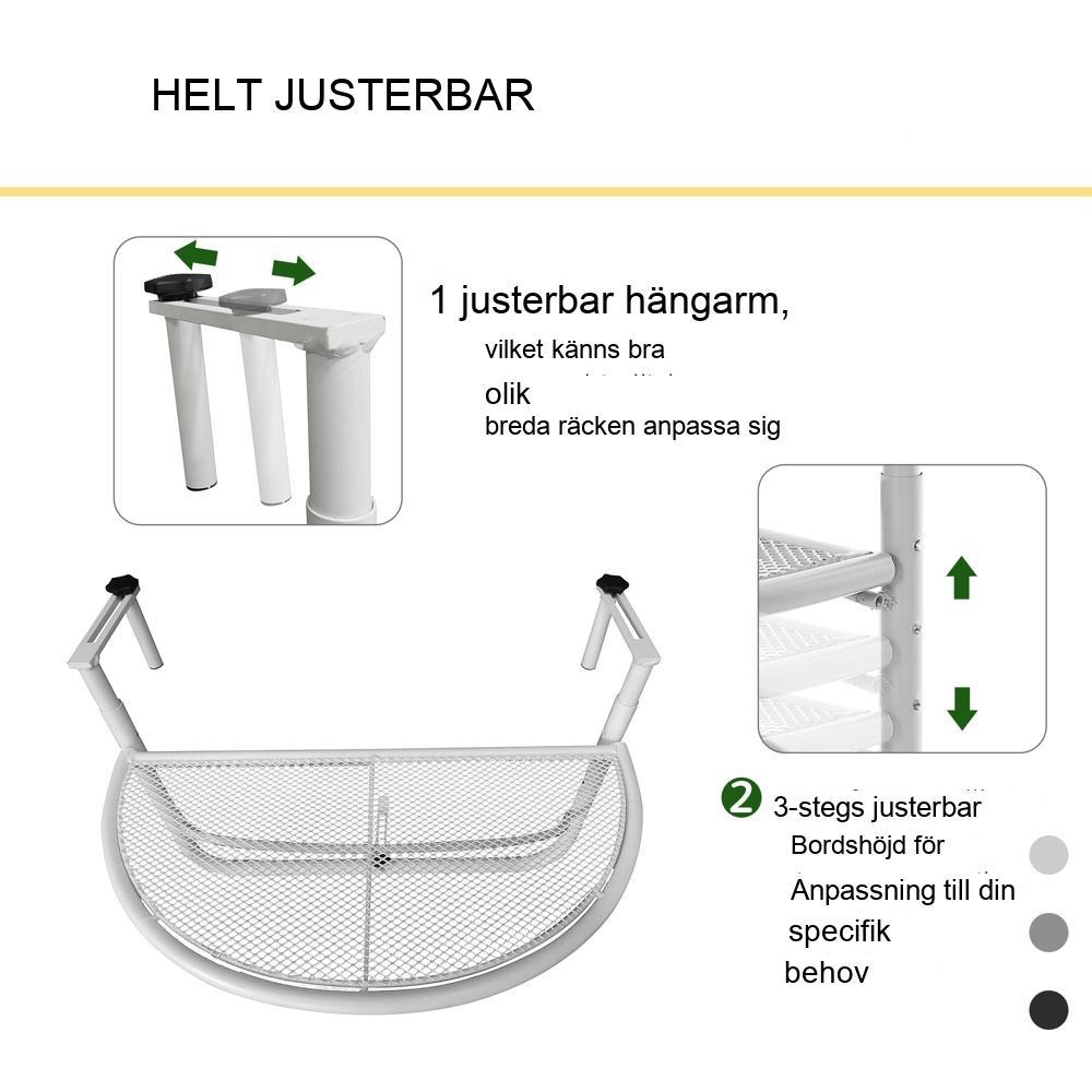 Justerbar Höjd Balkong Hängbord – Vit Metall – 30cm Ø