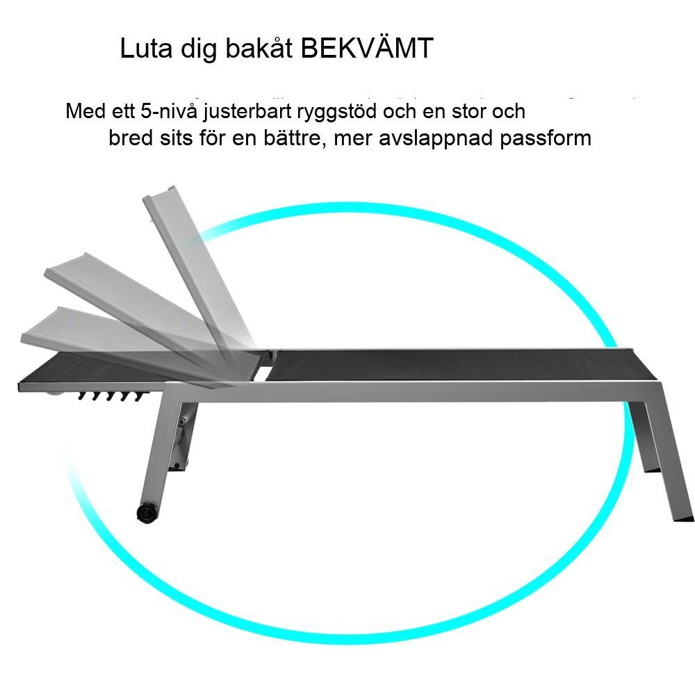 Svart solstol i aluminium med justerbart ryggstöd, trädgårdsschäslong