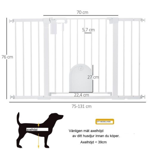 Extra bred husdjursgrind i metall med automatisk stängning och gångdörr – vit 75-131cm