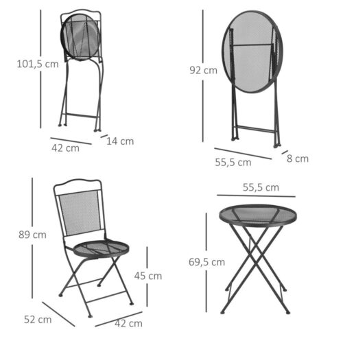 Black Metal Garden Bistro Set för 2 – Fällbart uteplatsbord och stolar