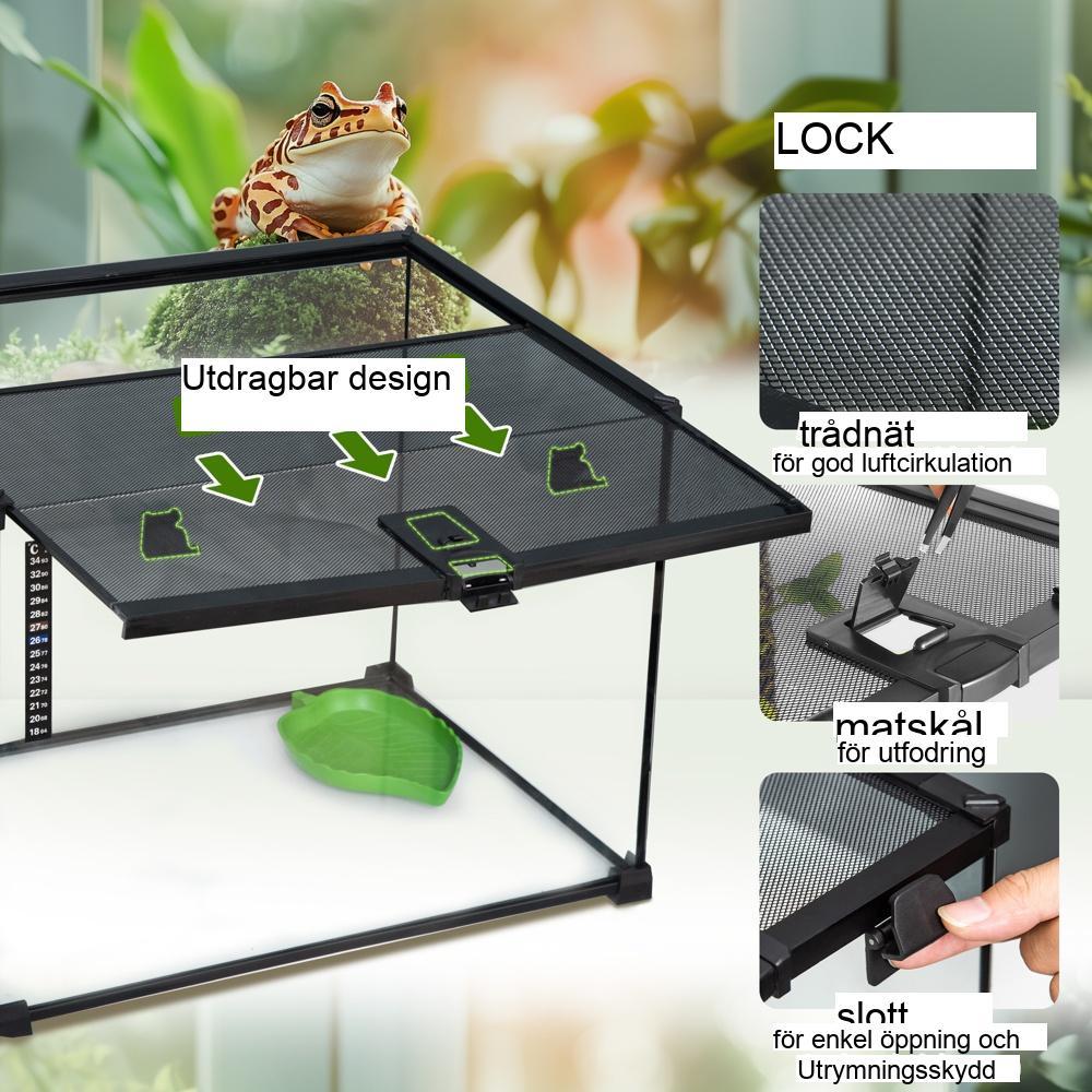 Reptilterrarium i glas med foderlåda och termometer – 50x30x35cm