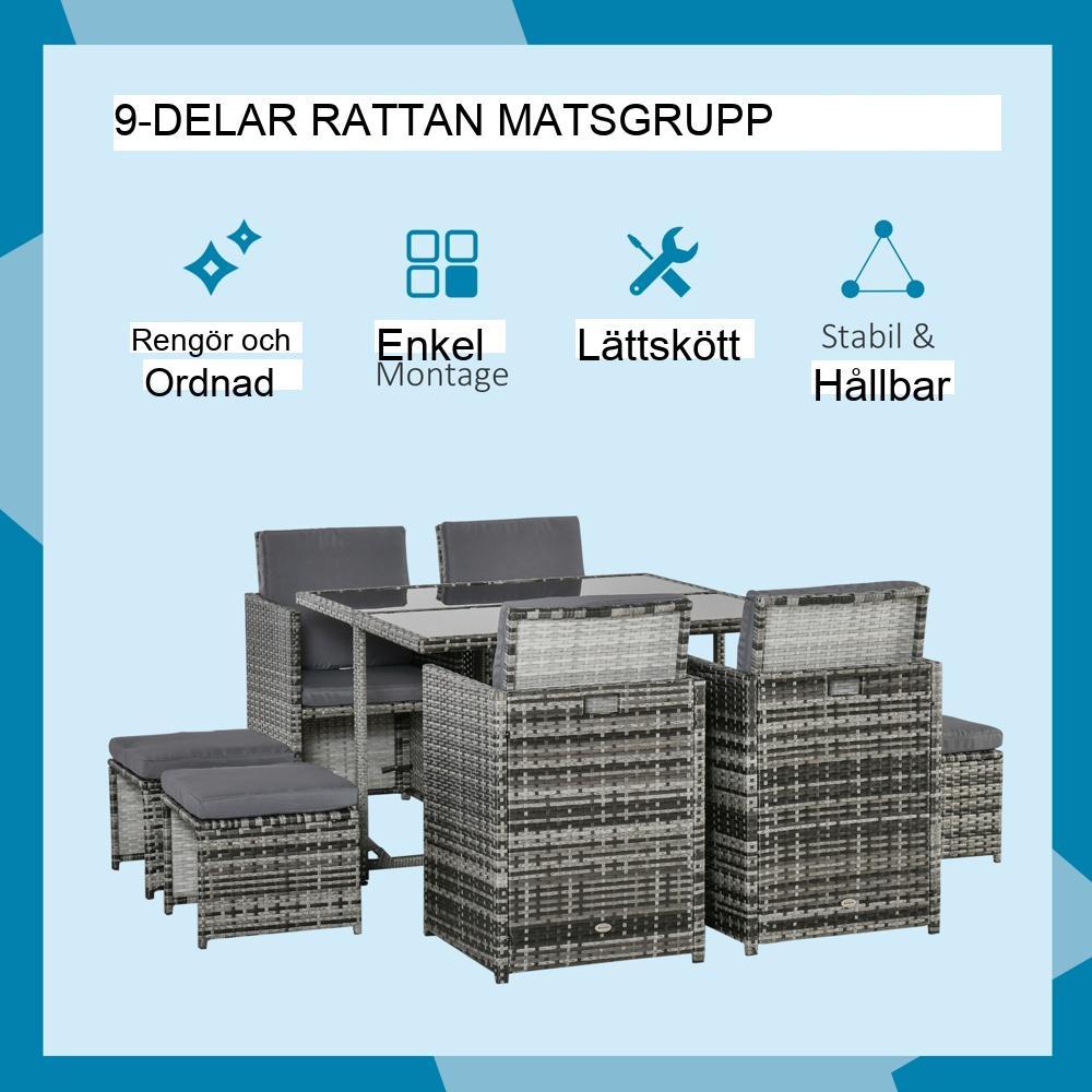 Modernt 8-personers matsalsset i polyrattan med kuddar och glasskiva