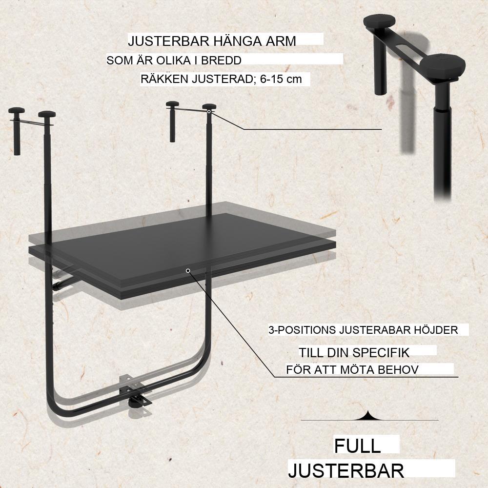 Justerbart balkongbord för upphängning – hopfällbart, höjdjusterbart, svart (62x60cm)