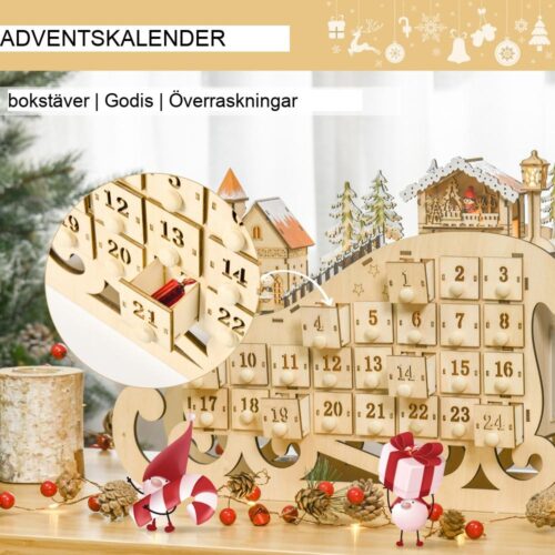 Trä LED Adventskalender Släde med 24 lådor – Juldekoration