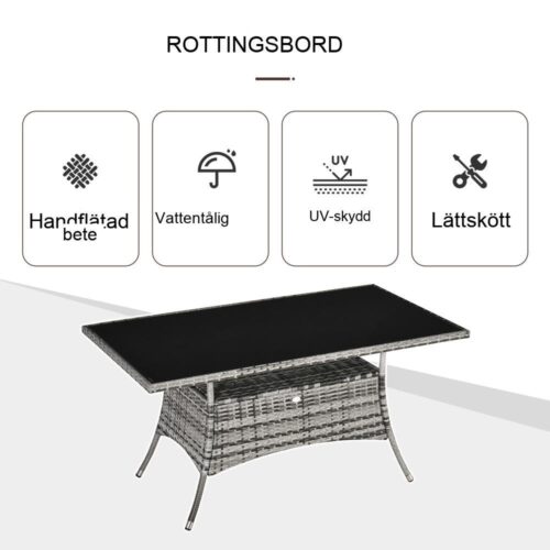 Grått svart polyrotting trädgårdsbord med säkerhetsglas – 150x85cm