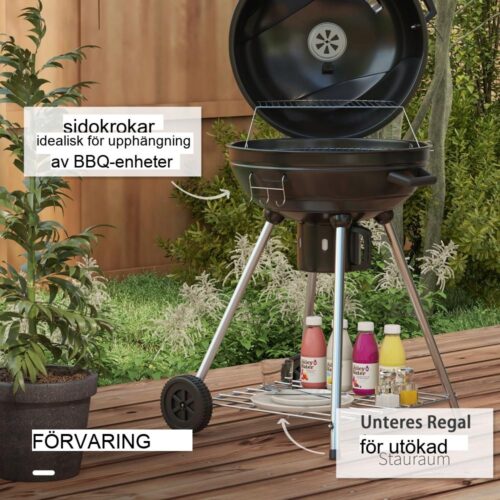 Kolgrill med termometer, hjul och värmeställ