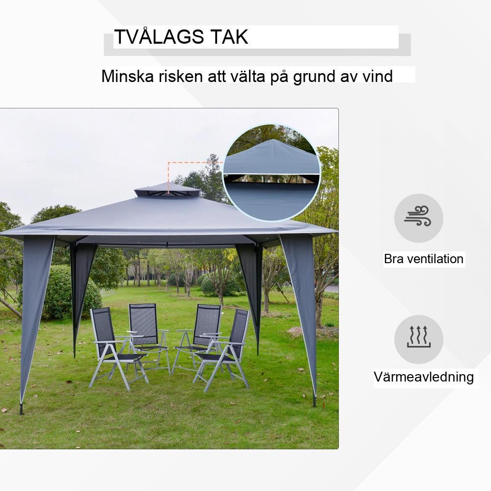 Paviljong Festtält Dubbeltak 3,45 m x 3,45 m – Vattentät och UV-beständig grå metall Gazebo för trädgårdsfester