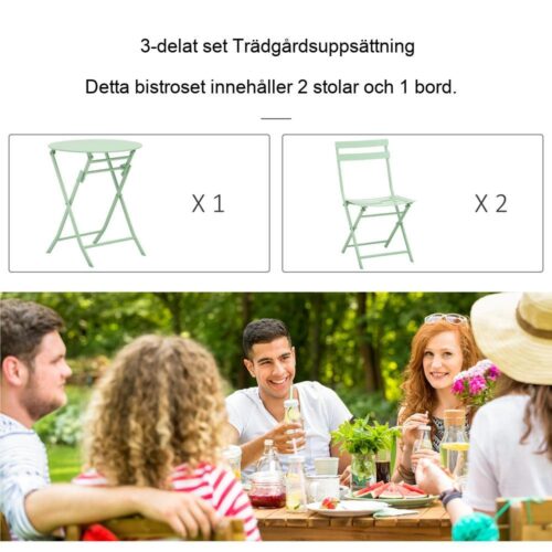 Hopfällbart bistroset för 2, runt metallbord med stolar, grönt