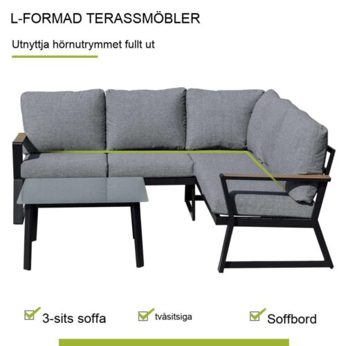 Utemöbler i aluminium för 4 – L-formad soffa, kuddar och sidobord