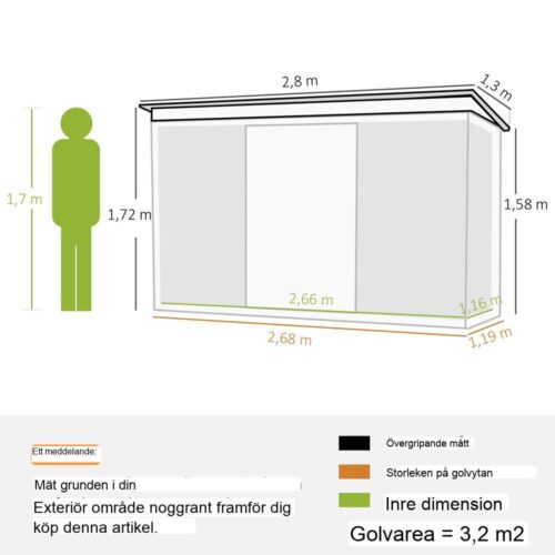 Stål Mörkgrön Verktygsbod – Skjutdörr, Ventilationsfönster – 280x130x172cm