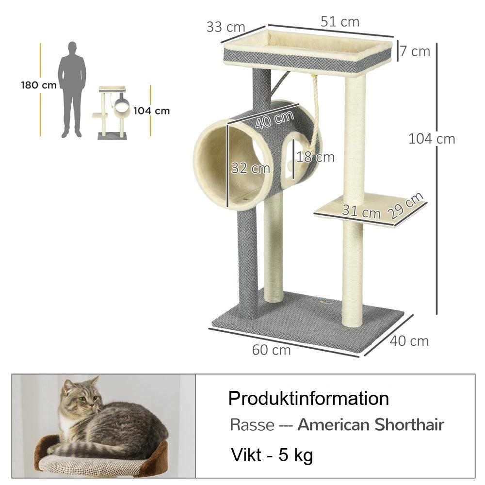 Grått kattträd med skrapstolpar, kattgrotta och lekboll, upp till 5 kg