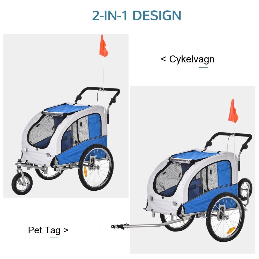 Blå+grå hundcykelvagn och skjutvagn – 2 i 1, hopfällbar, säker körning