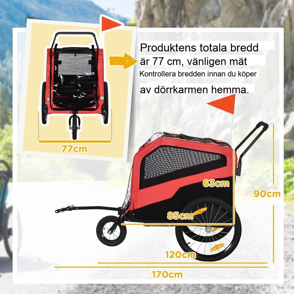 Röd stor hundvagn och barnvagn, cykel- och skjutvagn för hundar upp till 30 kg