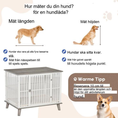 Hundlåda i trä med kudde och bordsskiva – medelstor 86x60x70 cm vit grå