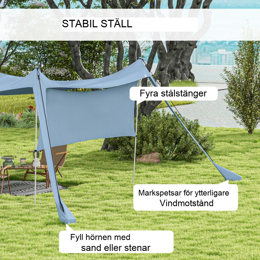 Vattentät solskyddssegel med stavar, väska och spade, för camping och picknick – Blå