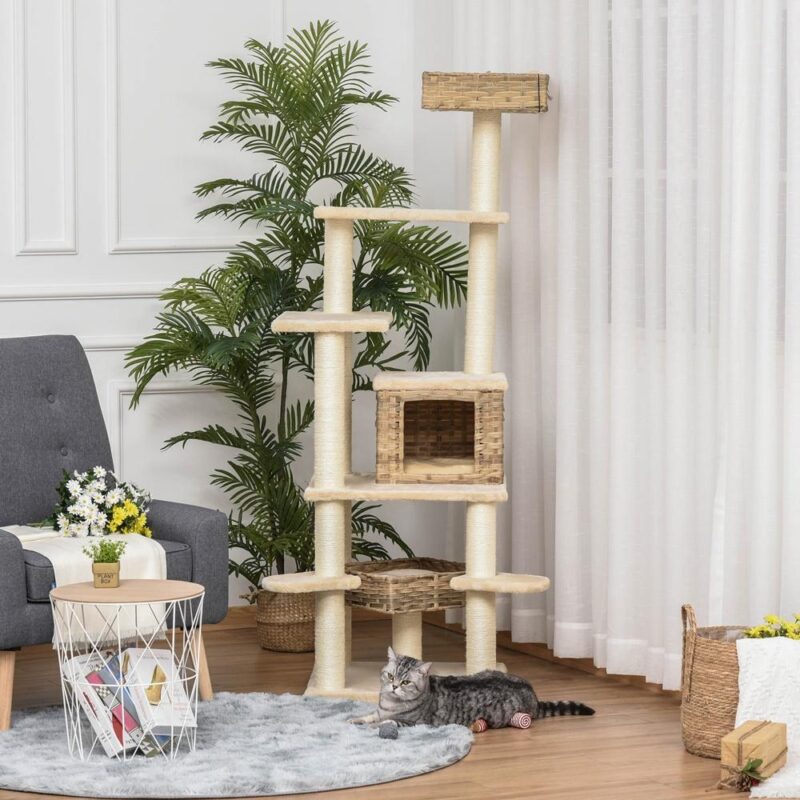 XXL Rattan Cat Tree med skrapstolpe, grotta och lägenhet