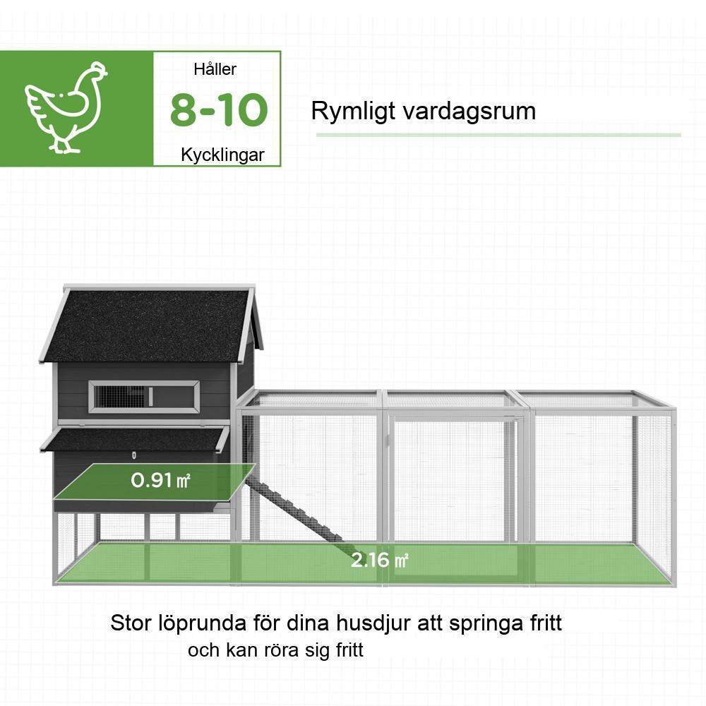 Rymligt hönshus i granträ i 2 plan med hönsboxar – rymmer 8-10 kycklingar