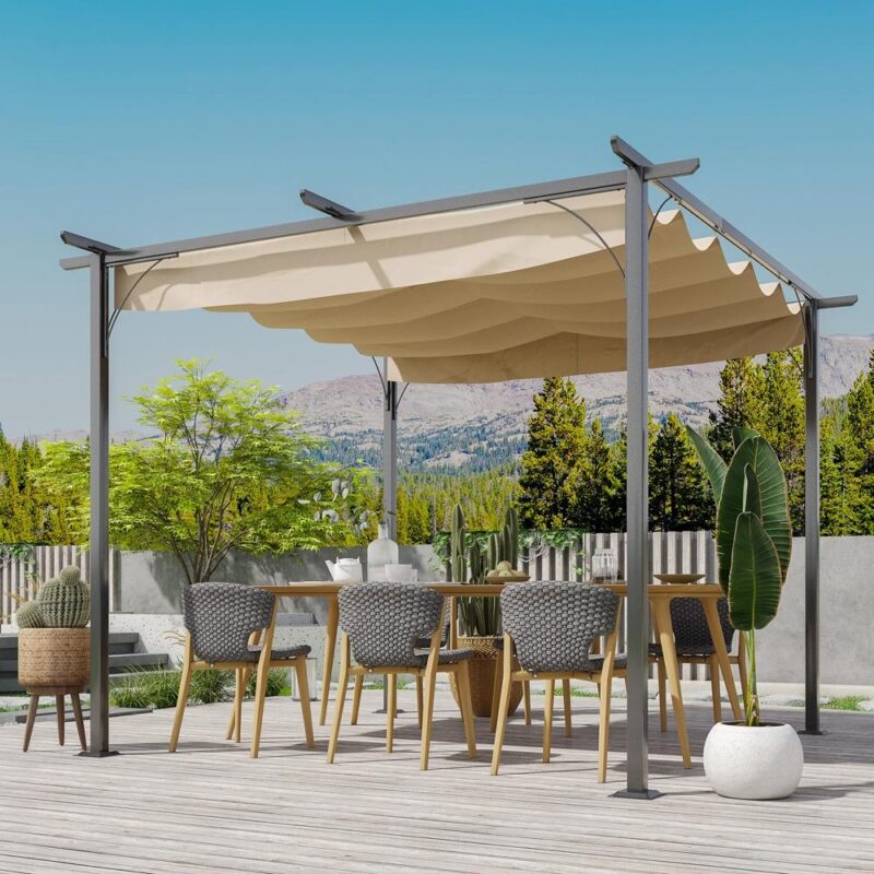 Beige 3x3m aluminiumpergola med infällbart vattentätt tak och UV-skydd