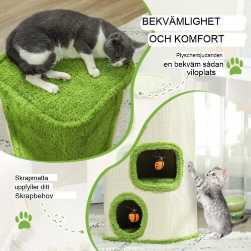 Green+Cream Cat Scratching Barrel Tower med 3 grottor och leksaker