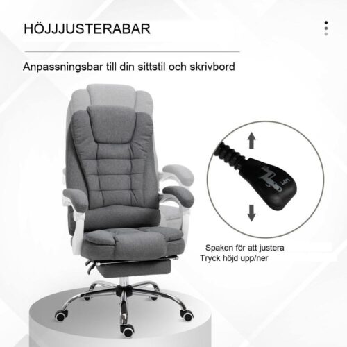 Ergonomisk kontorsstol med fällbart fotstöd, justerbar höjd och lutning – Grå