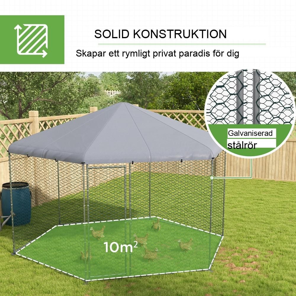 Rymligt hönshus i stål – Stor gård för 10-15 kycklingar med skärmtak