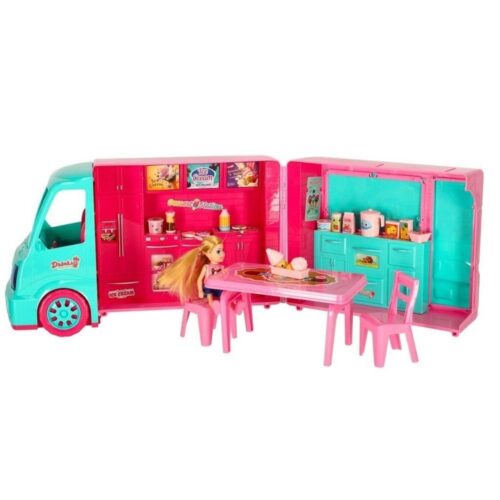 2-i-1 Dolls Camper Food Truck Set med glass och tillbehör