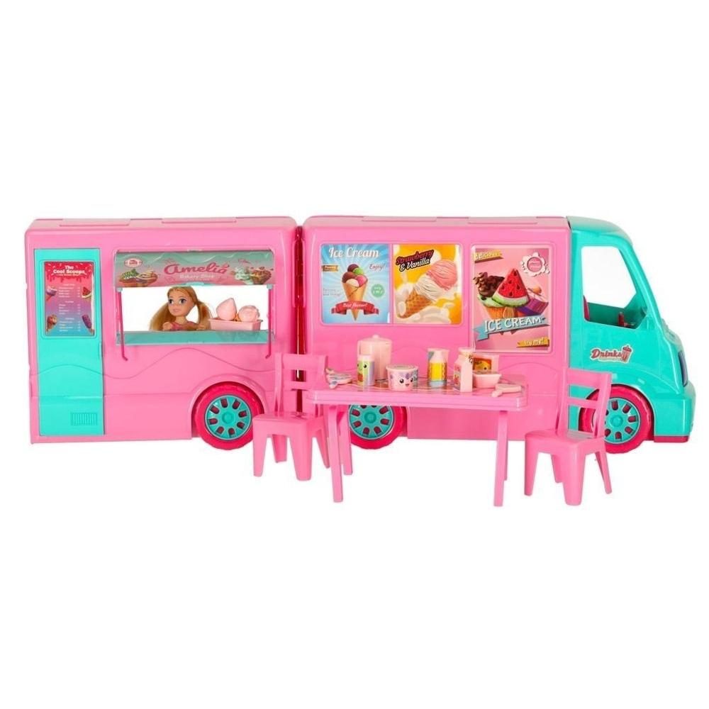 2-i-1 Dolls Camper Food Truck Set med glass och tillbehör