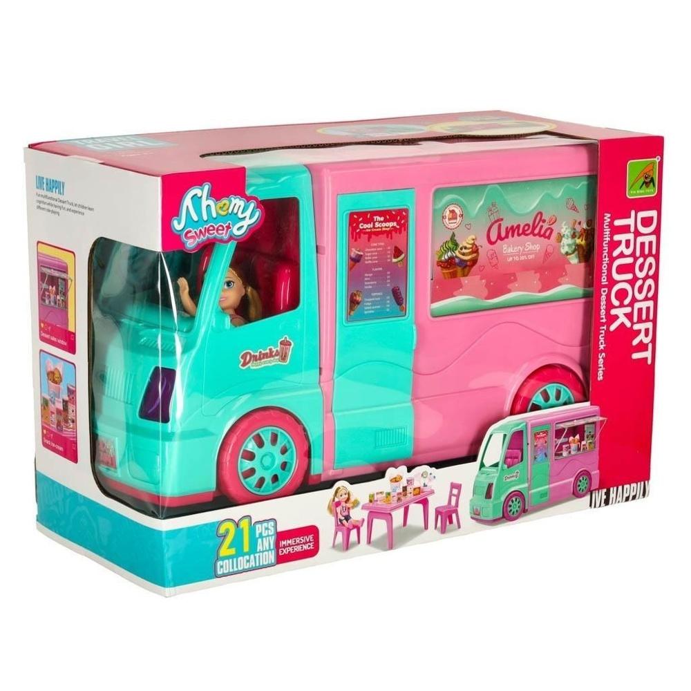 2-i-1 Dolls Camper Food Truck Set med glass och tillbehör